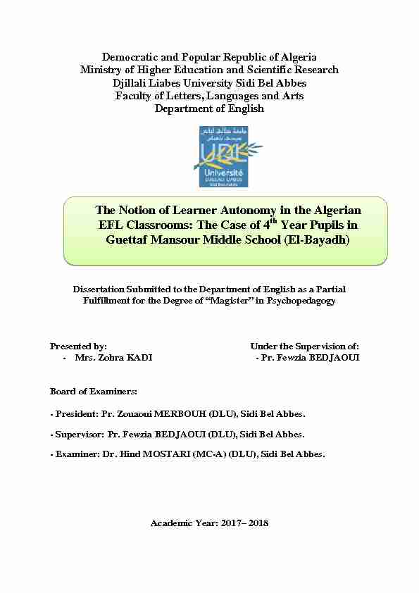 The Notion of Learner Autonomy in the Algerian EFL Classrooms