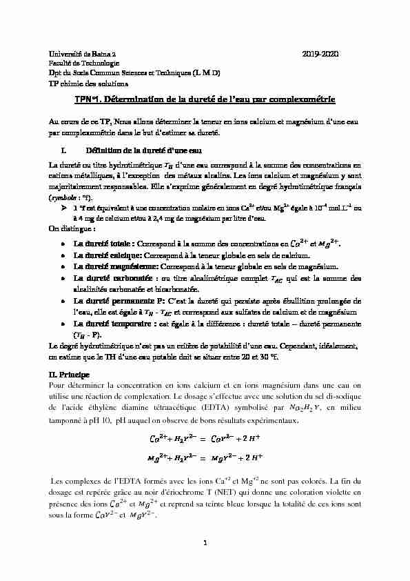 [PDF] TPN°1 Détermination de la dureté de leau par complexométrie