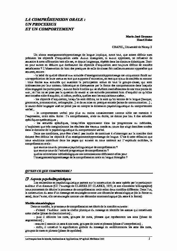 [PDF] LA COMPRÉHENSION ORALE : UN PROCESSUS ET UN