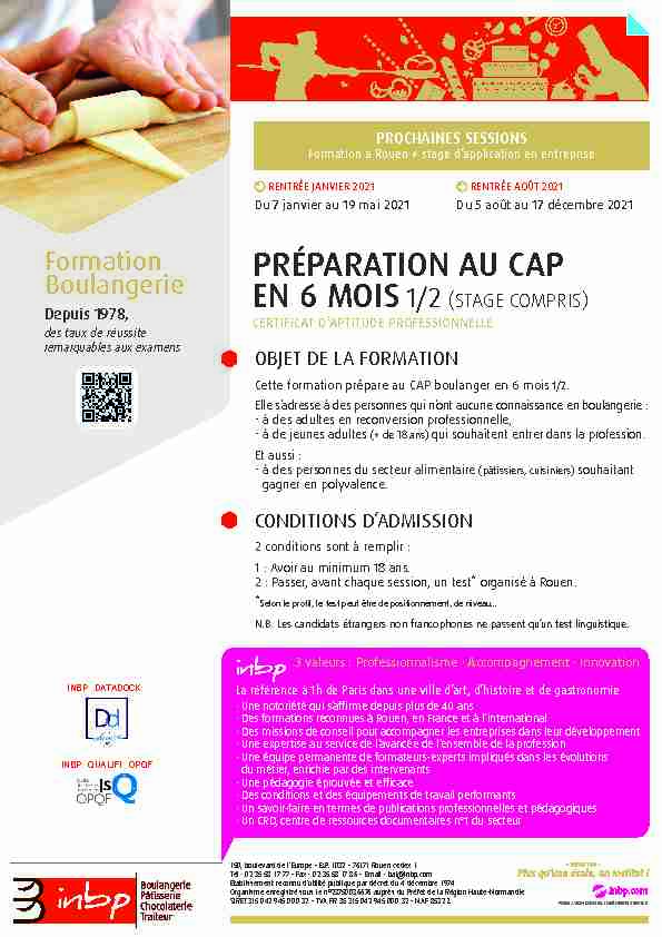 Formation PRÉPARATION AU CAP Boulangerie EN 6 MOIS - INBP