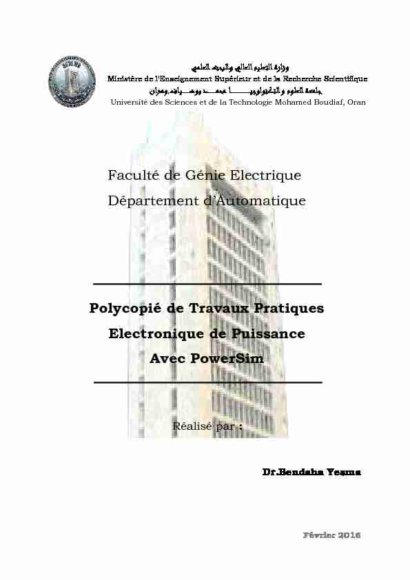 Faculté de Génie Electrique Département dAutomatique Polycopié