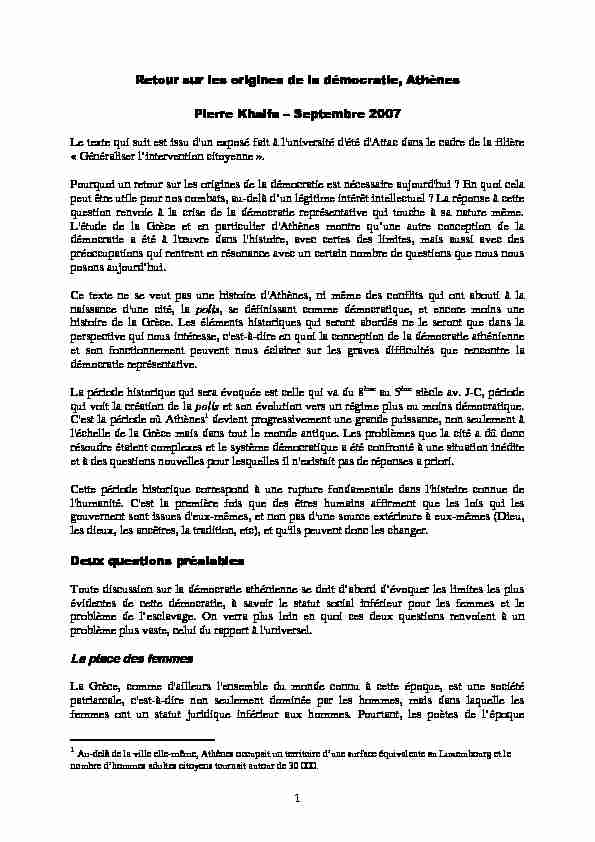 [PDF] 1 Retour sur les origines de la démocratie Athènes Pierre Khalfa