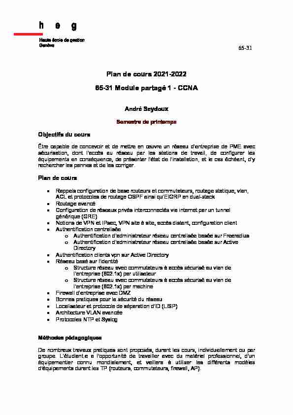 Plan de cours 2021-2022 65-31 Module partagé 1 - CCNA