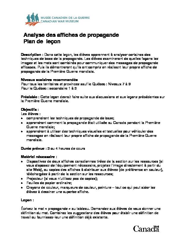 [PDF] Analyse des affiches de propagande Plan de leçon - Musée