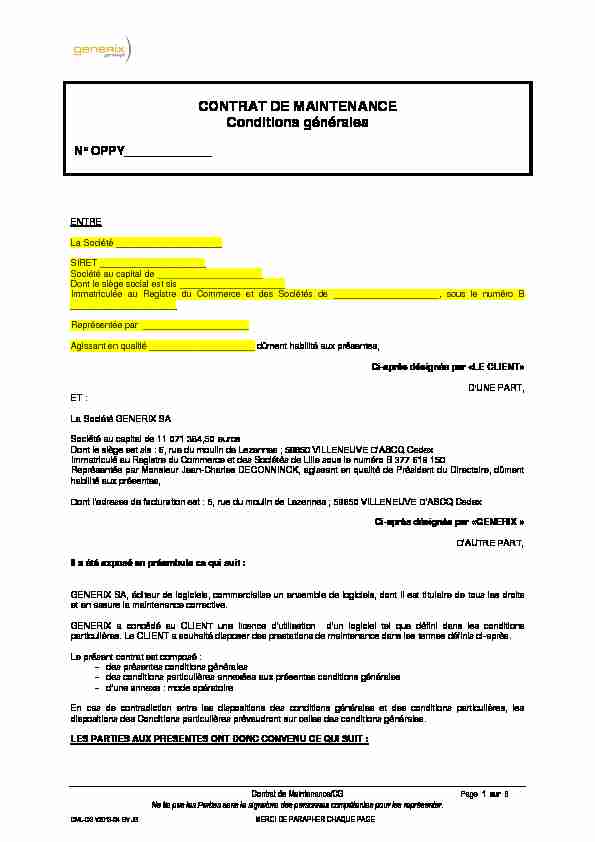 [PDF] CONTRAT DE MAINTENANCE Conditions générales - Generix Group