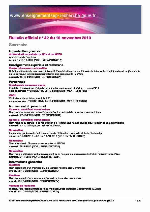 Bulletin officiel n° 42 du 18 novembre 2010 Sommaire