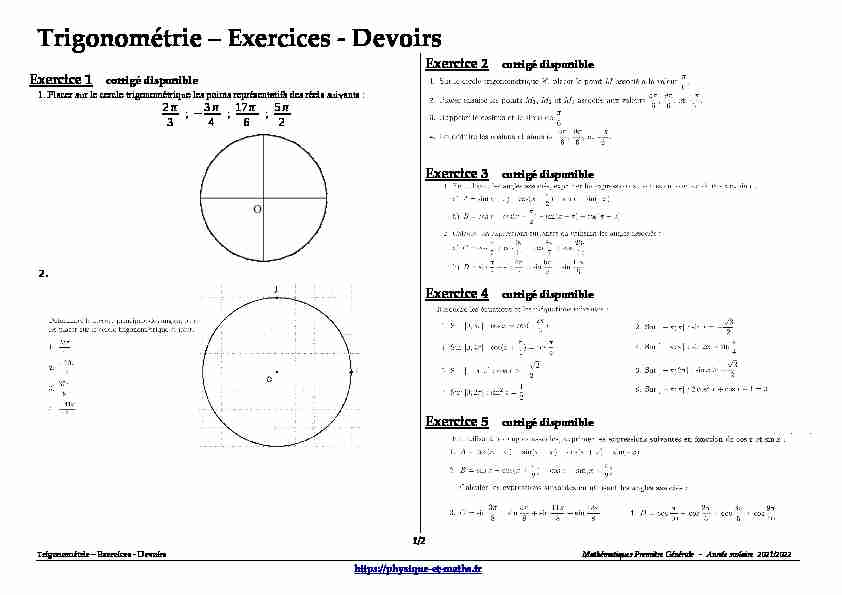 Première générale - Trigonométrie - Exercices - Devoirs