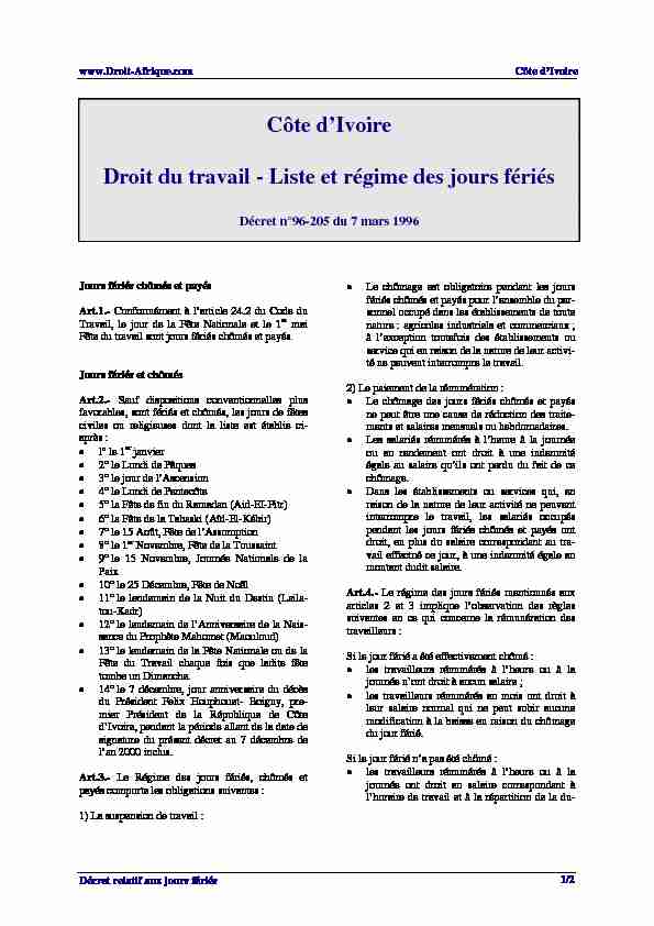Côte dIvoire Droit du travail - Liste et régime des jours fériés