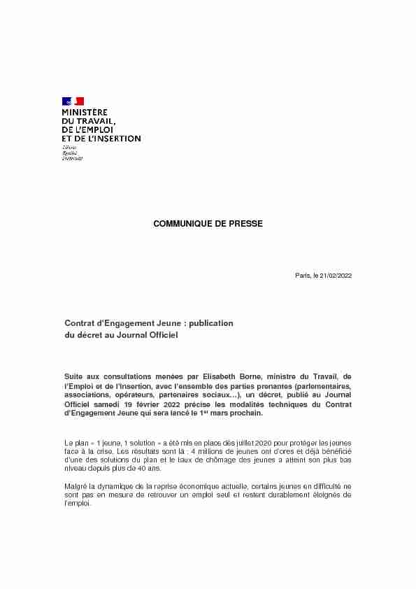 COMMUNIQUE DE PRESSE Contrat dEngagement Jeune
