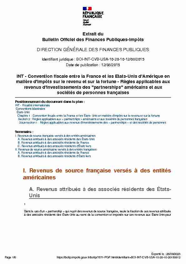 INT - Convention fiscale entre la France et les Etats-Unis dAmérique
