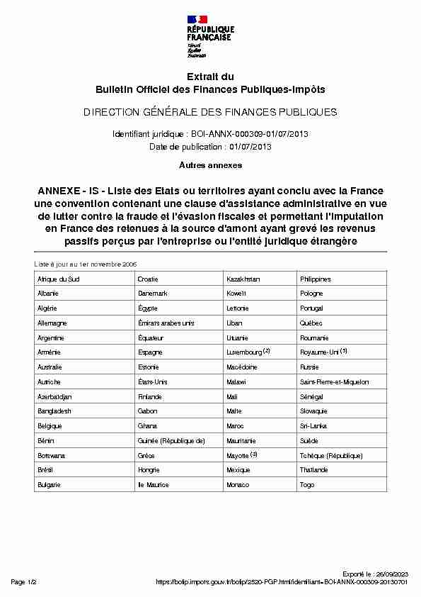 ANNEXE - IS - Liste des Etats ou territoires ayant conclu avec la