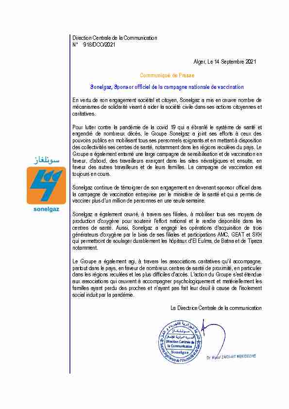 Direction Centrale de la Communication N° 918/DCO/2021 Alger