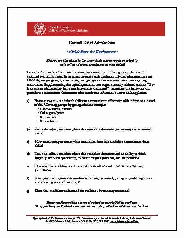 Cornell DVM Admissions - ~Guidelines for Evaluators