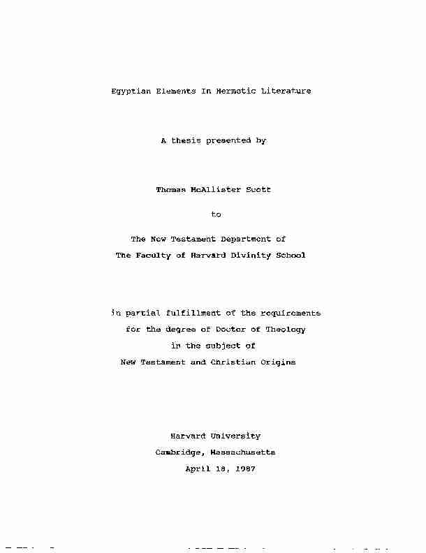 Egyptian Elements In Hermetic Literature A thesis presented by