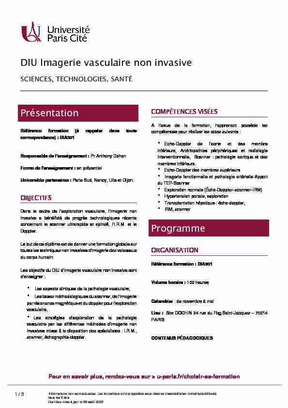 DIU Imagerie vasculaire non invasive Présentation Programme