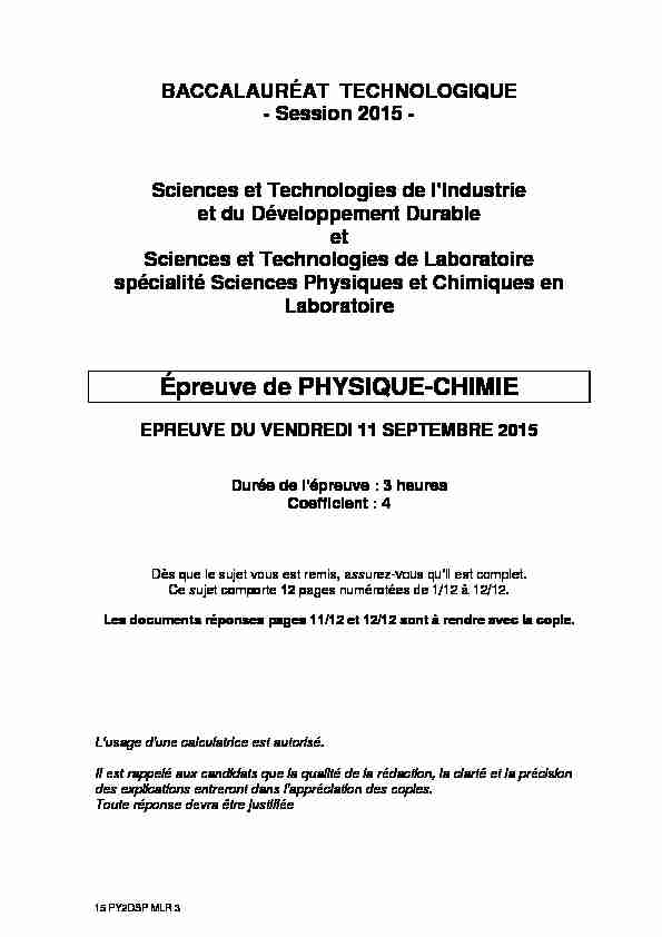 Sujet du bac STI2D Physique-Chimie 2015 - Métropole remplacement