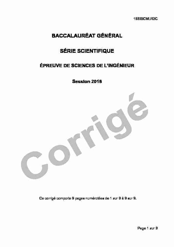 Corrigé du bac S Sciences de lIngénieur 2018 - Métropole