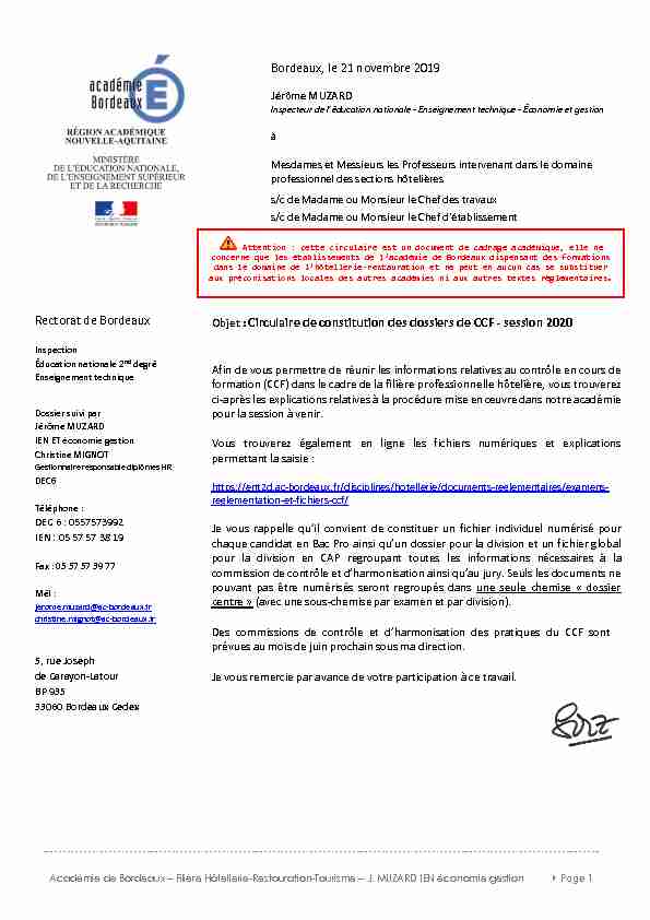 Rectorat de Bordeaux Bordeaux le 21 novembre 2019 Objet