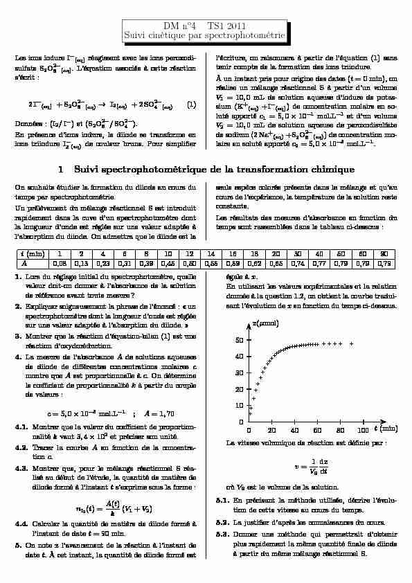 DM no4 – TS1 2011 Suivi cinétique par spectrophotométrie 1 Suivi