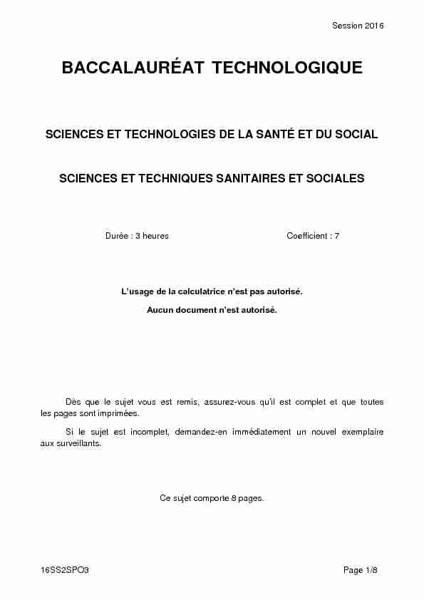 [PDF] Sujet du bac ST2S Sciences et Tech Sanitaires et Sociales 2016