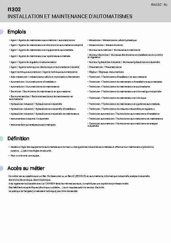 Fiche métier - I1302 - Installation et maintenance dautomatismes