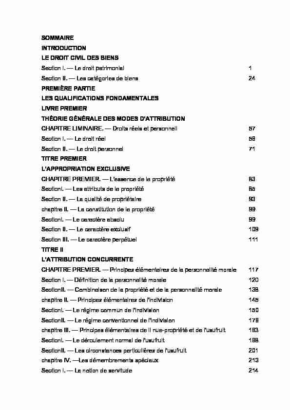 [PDF] SOMMAIRE INTRODUCTION LE DROIT CIVIL DES BIENS Section l