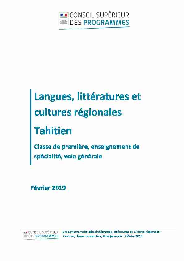 Langues littératures et cultures régionales Tahitien
