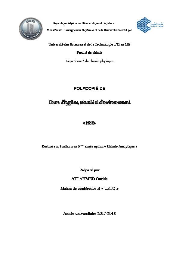 [PDF] Coursdhygiène,sécuritéetdenvironnement «HSE» - USTO