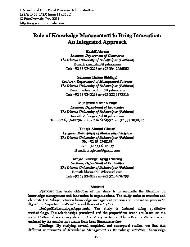 Role of Knowledge Management to Bring Innovation: An