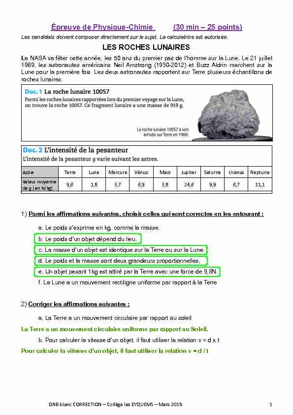 Brevet blanc PHYSIQUE-CHIMIE n°3 2019 - CORRECTION