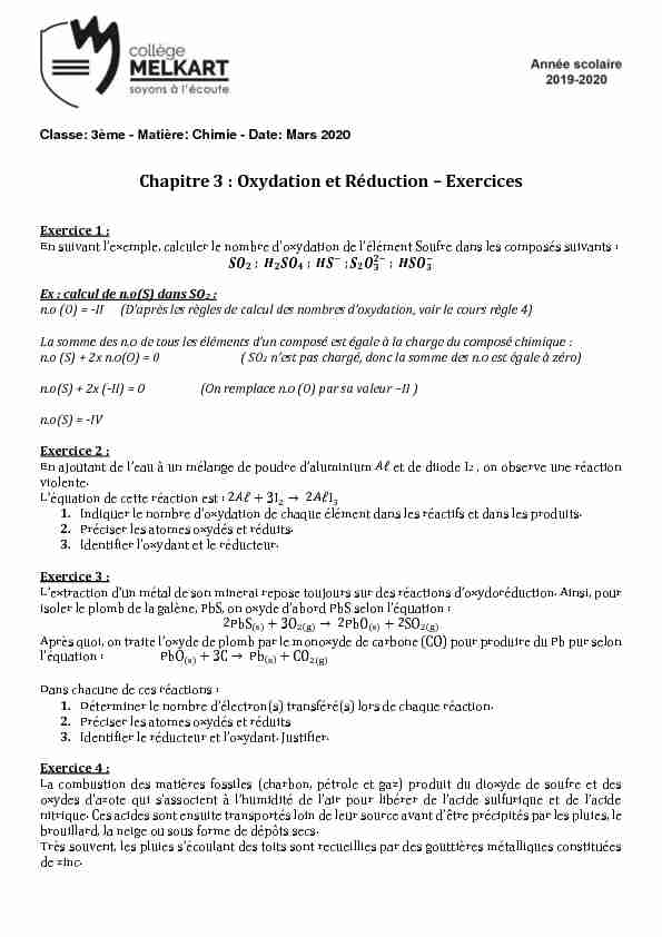 Chapitre 3 : Oxydation et Réduction – Exercices