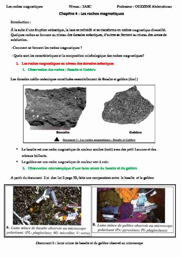 Chapitre 4 : Les roches magmatiques - Dyrassa