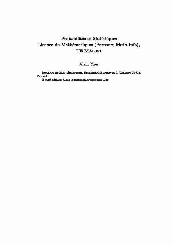 Probabilités et Statistiques Licence de Mathématiques (Parcours