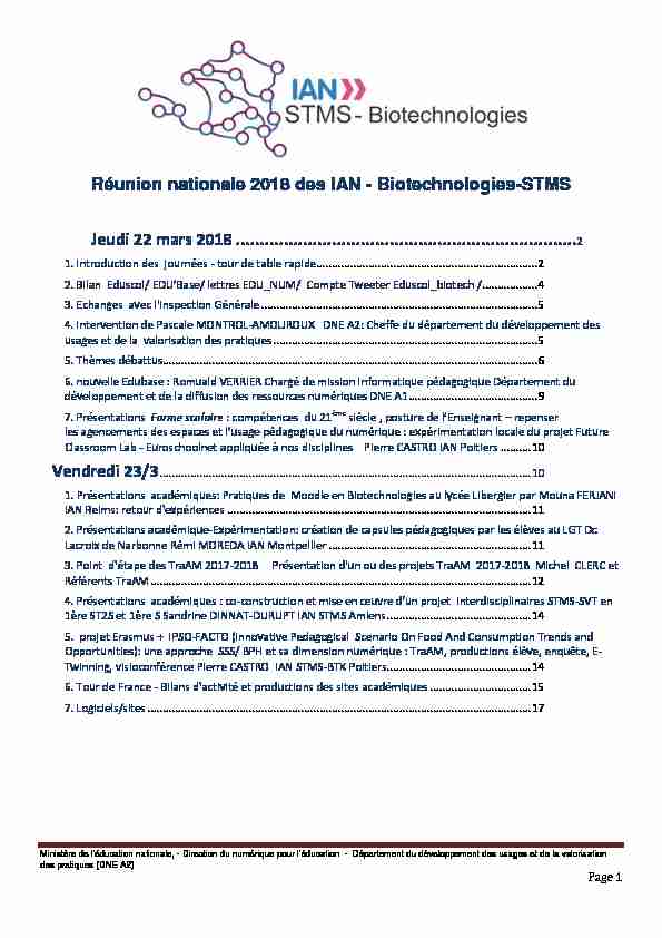 Réunion nationale 2018 des IAN - Biotechnologies-STMS Jeudi 22
