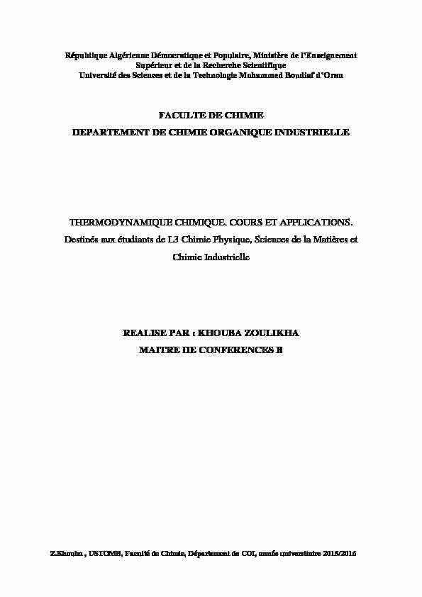 [PDF] thermodynamique chimique cours et applications - USTO