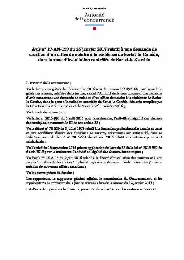 Avis n° 17-AN-159 du 25 janvier 2017 relatif à une demande de