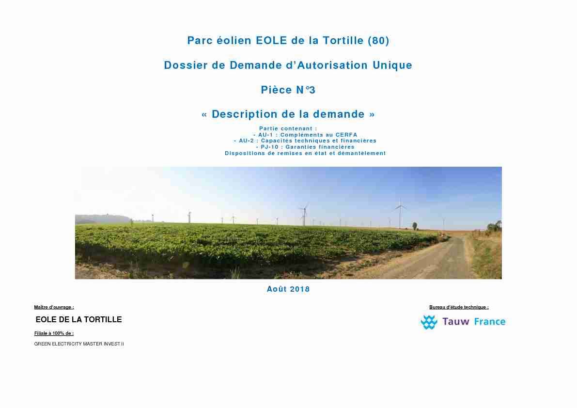 Parc éolien EOLE de la Tortille (80) Dossier de Demande d