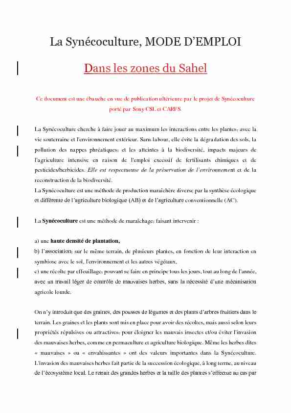 La Synécoculture MODE DEMPLOI Dans les zones du Sahel