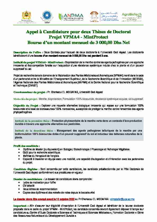 Appel à candidature Bourses Doctorat Projet VPMA4 - MintProtect