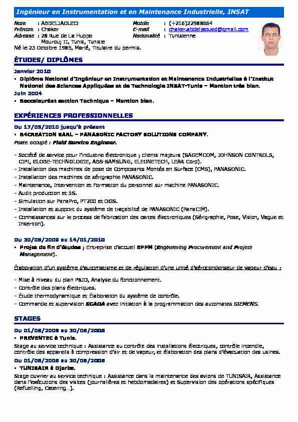 CV - C. Abdeljaoued - Ingénieur instrumentation maintenance.