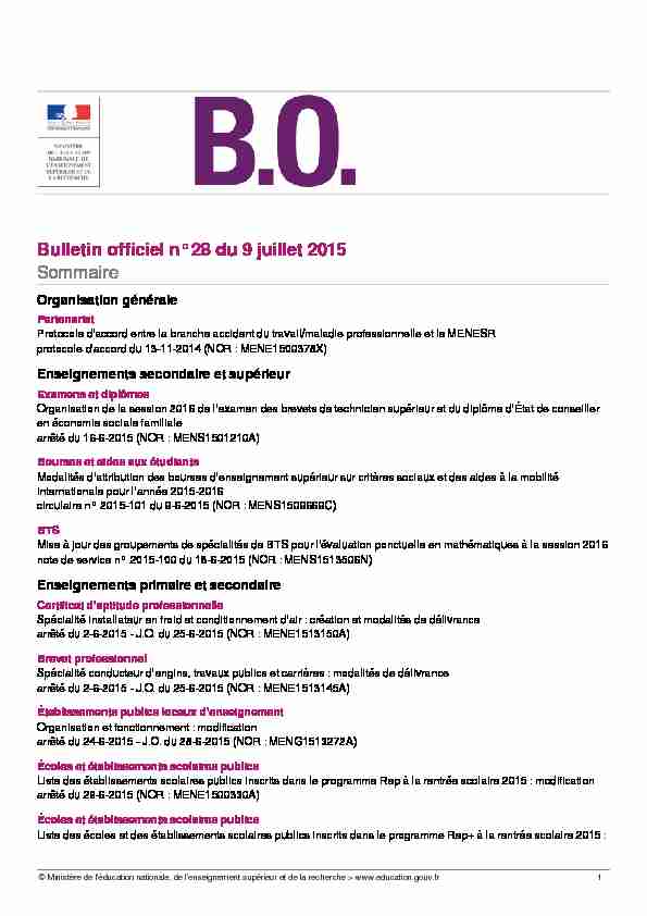 Bulletin officiel n°28 du 9 juillet 2015 Sommaire