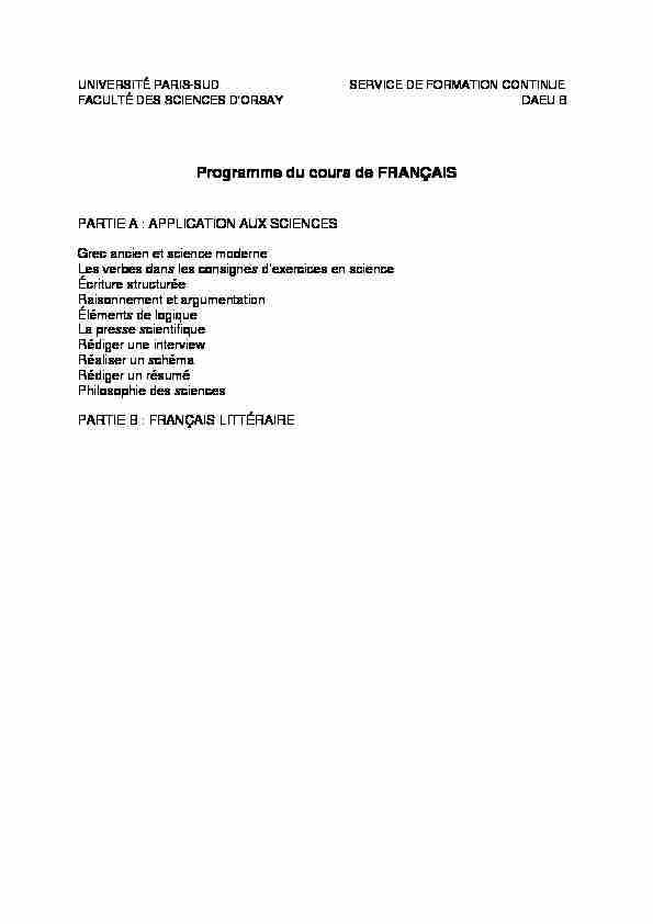 Programme du cours de FRANÇAIS
