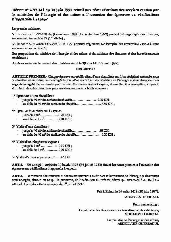Décret n° 2-97-341 du 30 juin 1997 relatif aux rémunérations des