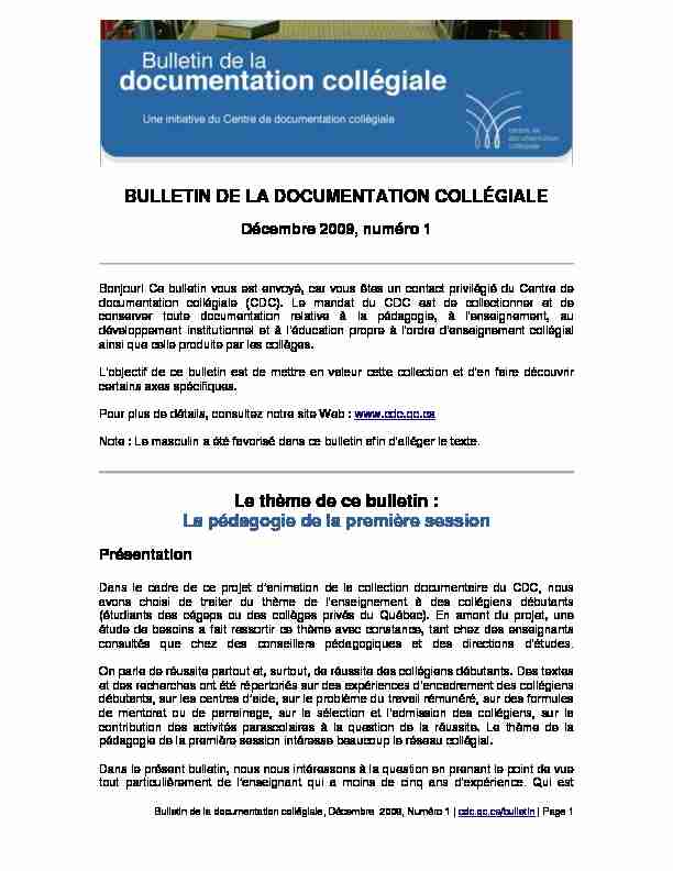 [PDF] BULLETIN DE LA DOCUMENTATION COLLÉGIALE Le thème de ce