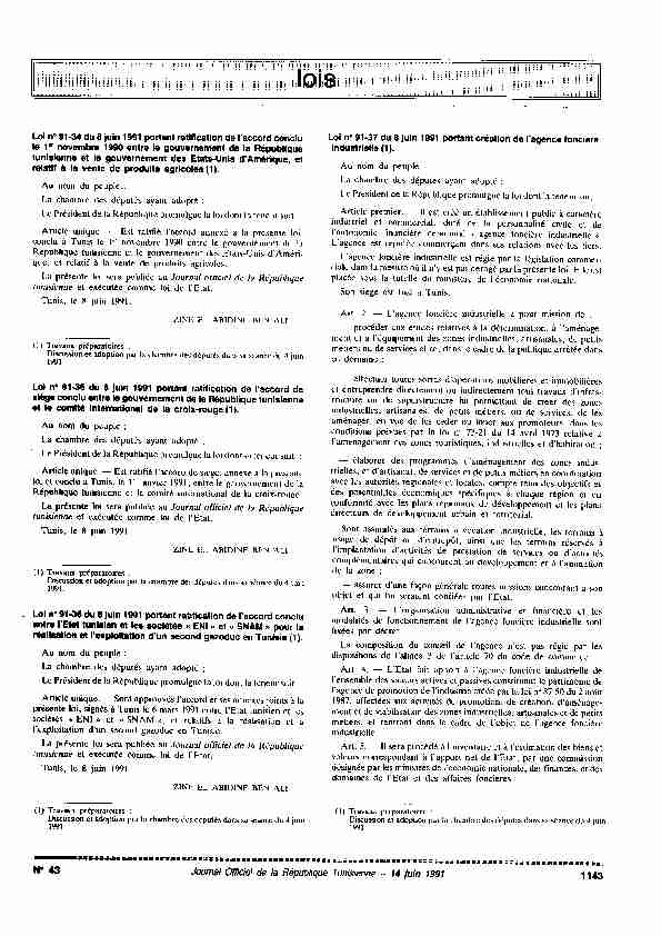 Loi n° 91-34 du 8 juin 1991 portant ratification de laccord conclu