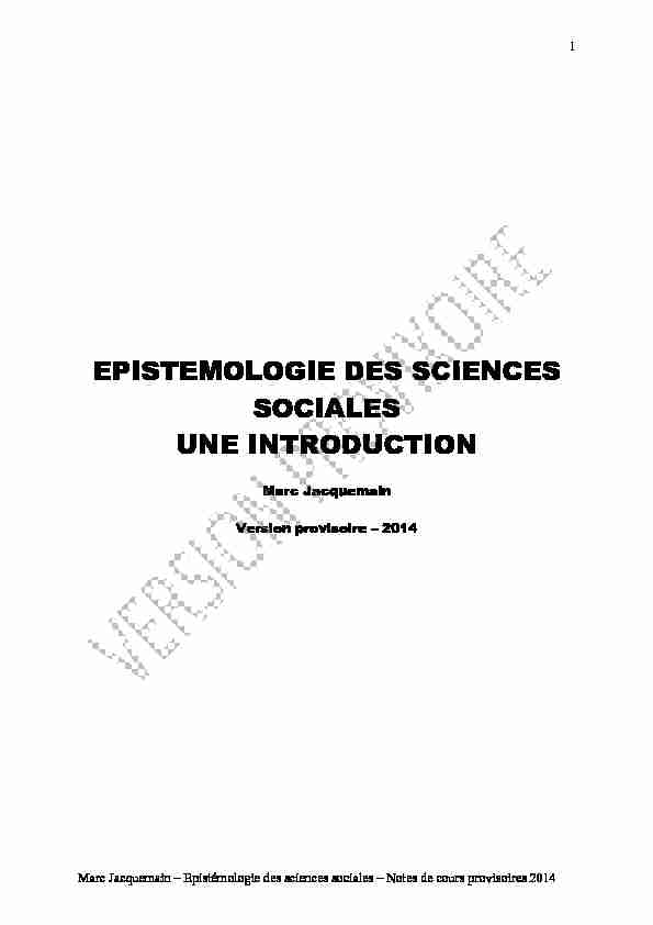 EPISTEMOLOGIE DES SCIENCES SOCIALES UNE INTRODUCTION