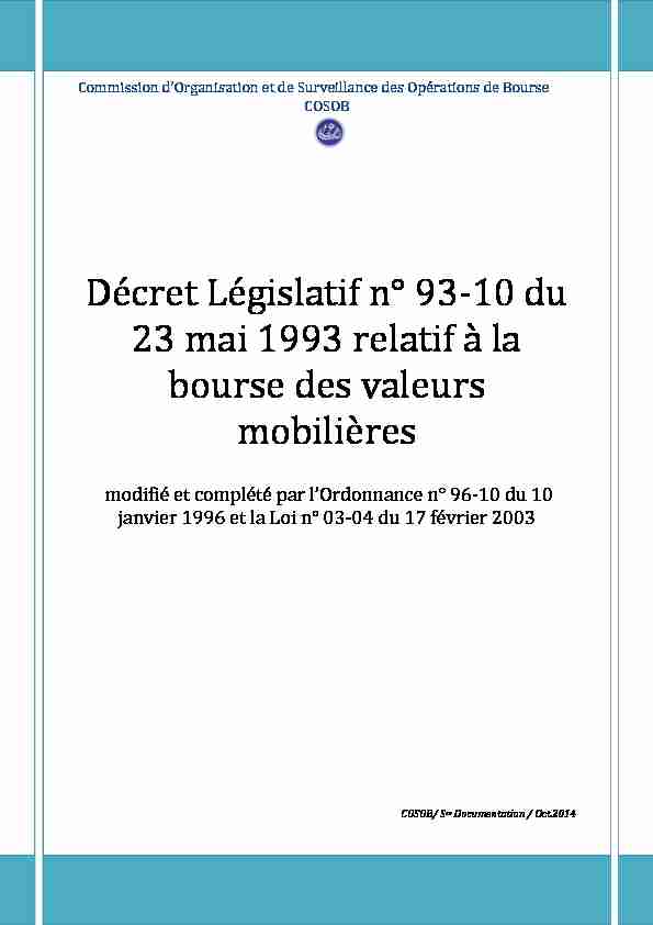 Décret Législatif n° 93-10 du 23 mai 1993 relatif à la bourse des