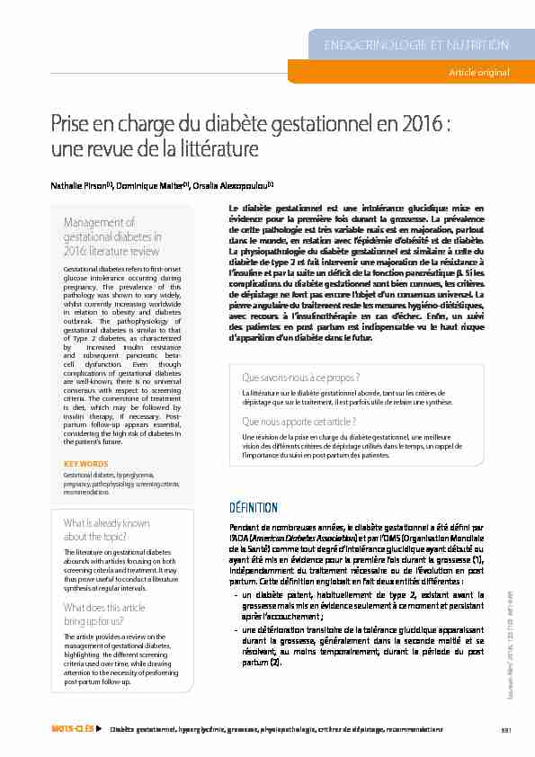 Prise en charge du diabète gestationnel en 2016 : une revue de la