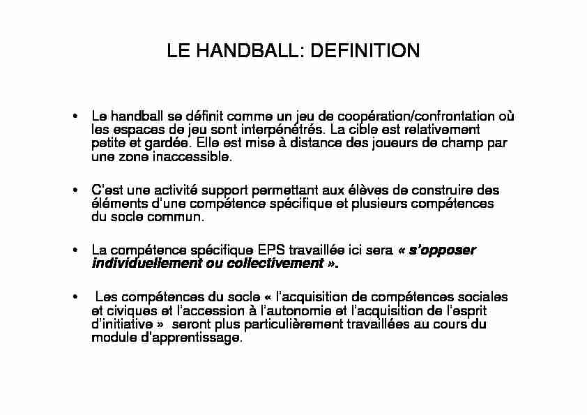 [PDF] LE HANDBALL: DEFINITION