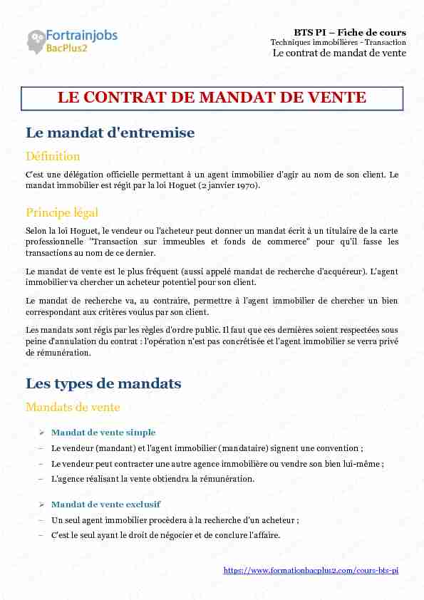 [PDF] LE CONTRAT DE MANDAT DE VENTE - Fortrainjobs